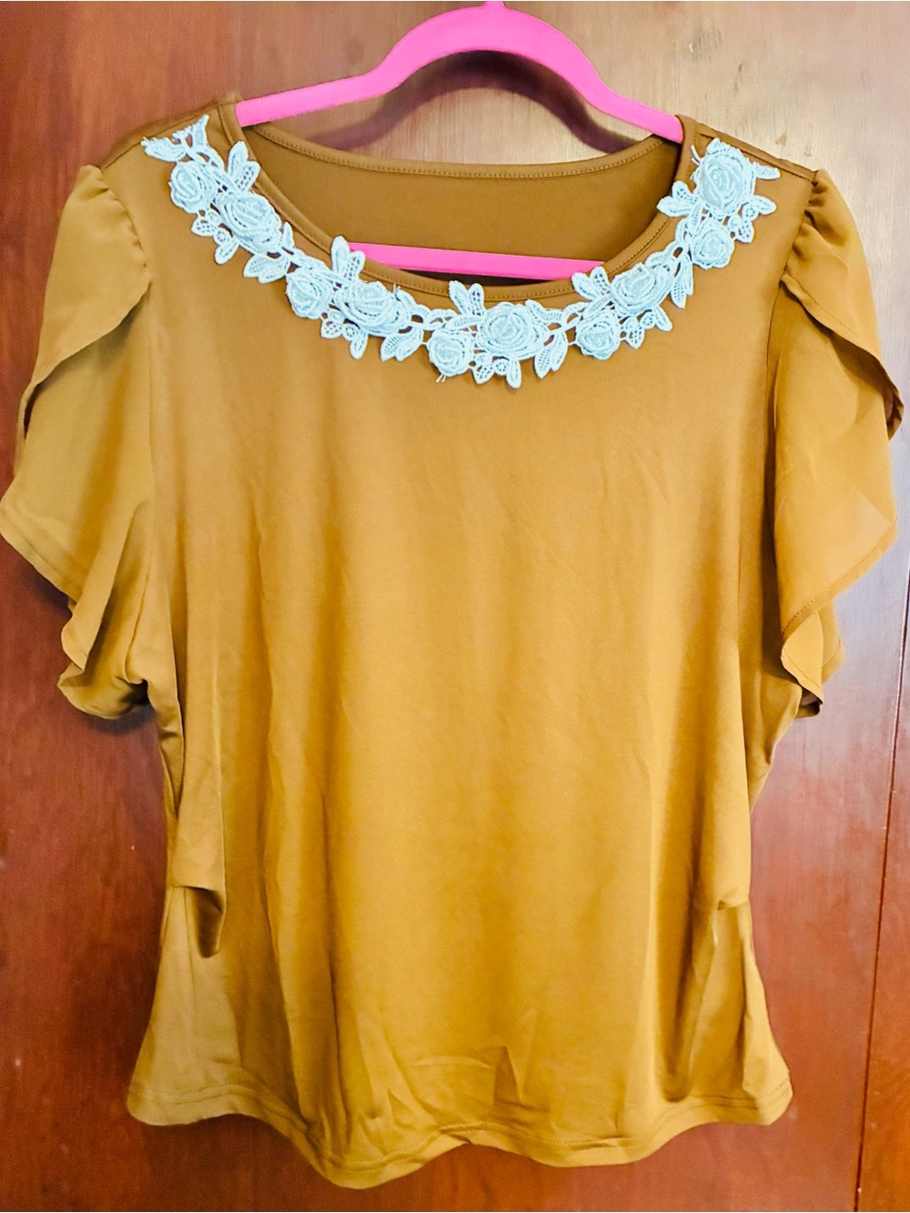 SHEIN  Floral Lace Neck Flutter Sleeve Blouse